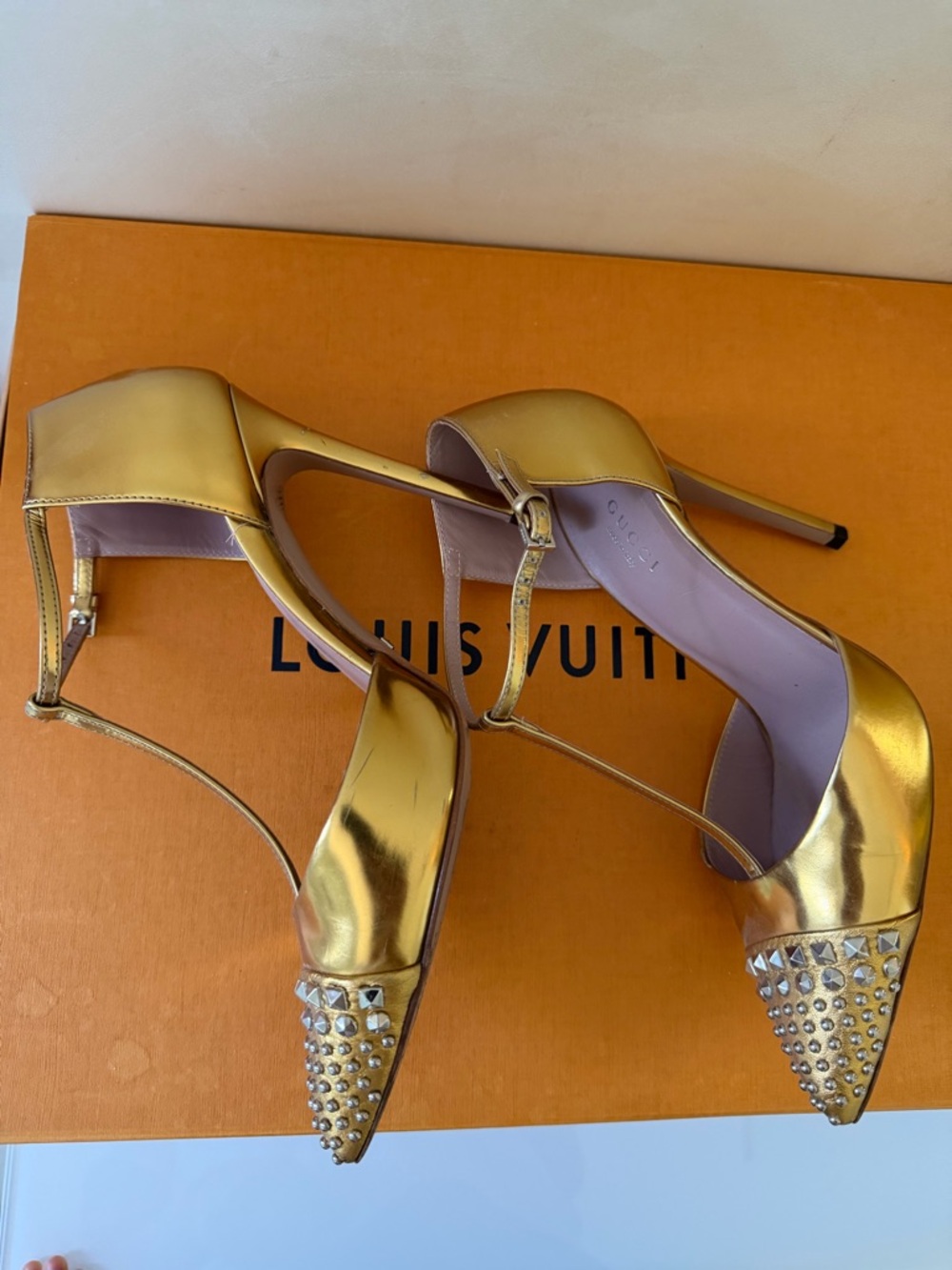 Gucci Metallic Gold Studded Pointed-Toe T‑Strap Stilettos - Picture 4 of 16